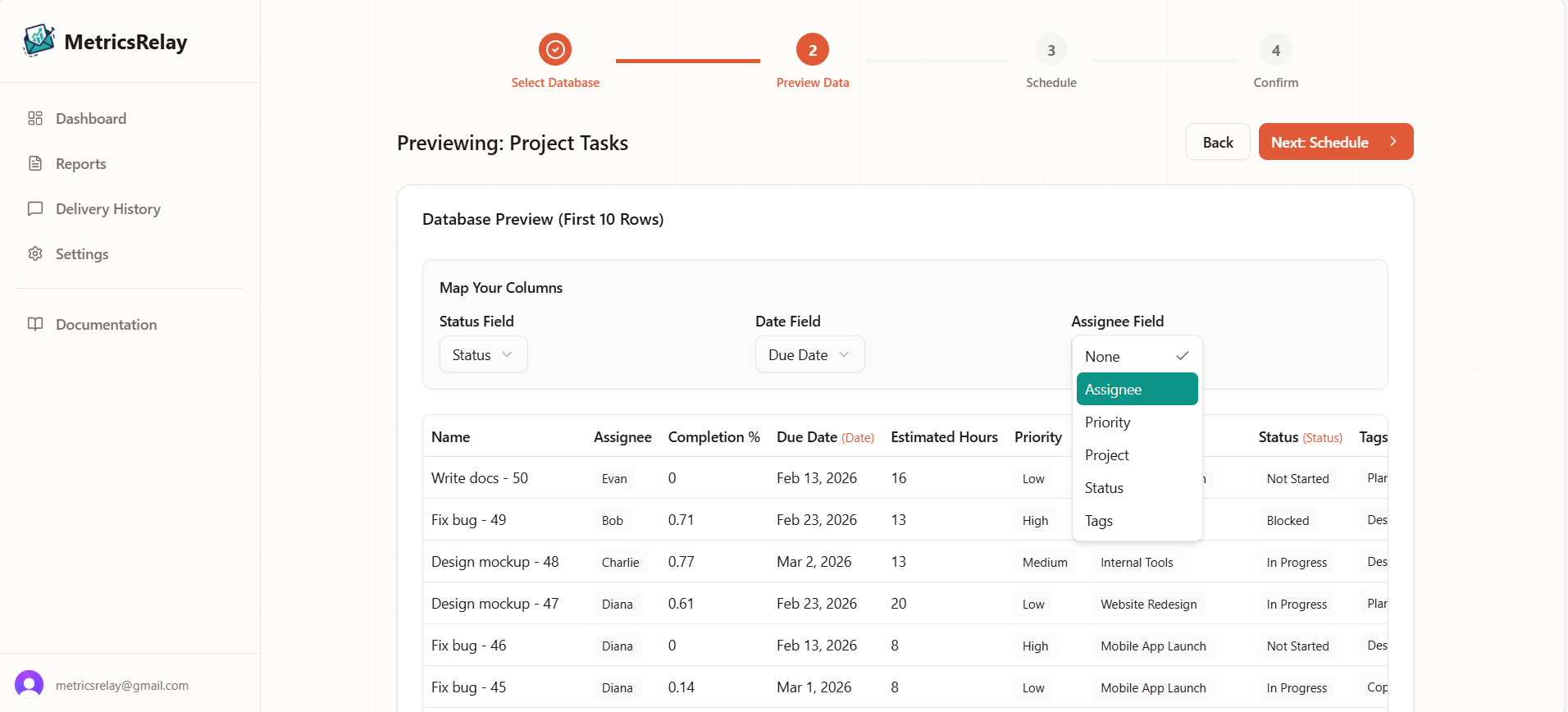Mapping columns in the wizard
